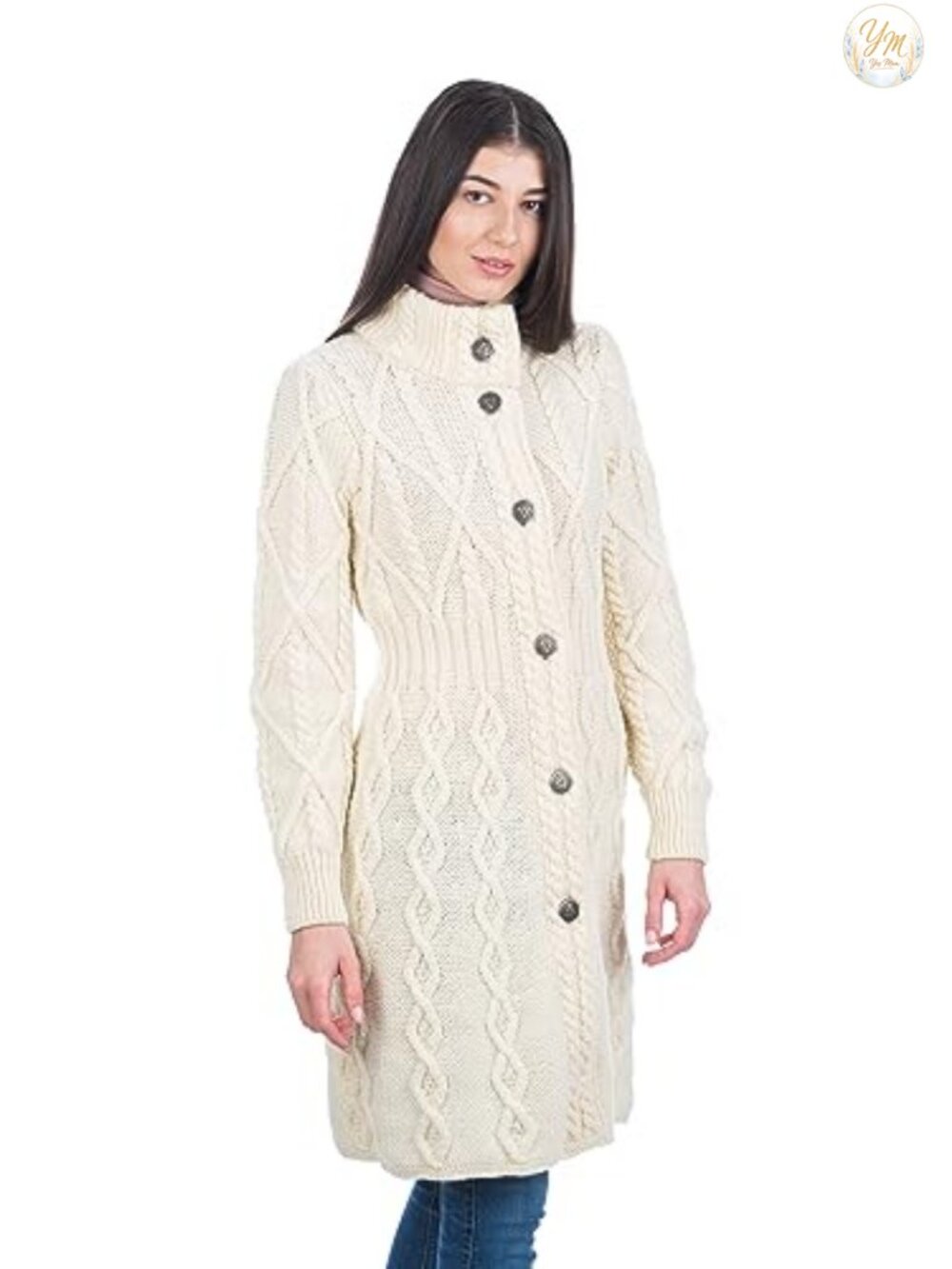 100% Merino Wool Women's Long Cable Knit Cardigan Coat with Celtic Knot Buttons
